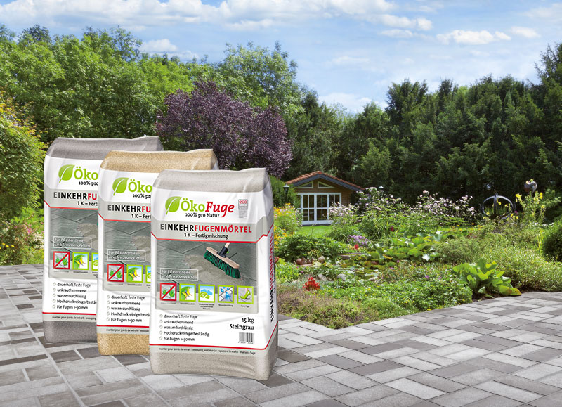 Ökofuge Einkehrfugenmörtel 1 K-Fertigmischung, Produktbild, 15kg-Säcke, 3 Farben